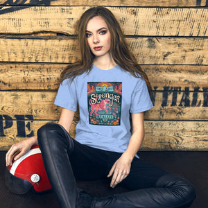 AG - Woman wearing a heather carolina blue t-shirt with, stronger than you realize, graphic design sitting against a wooden wall.