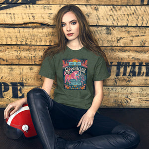 AG - Woman wearing a heather forest t-shirt with, stronger than you realize, graphic design sitting against a wooden wall.